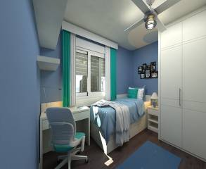 Modern kid’s room with blue walls, white furniture, brown floors and white and teal curtains on a large white-framed window.