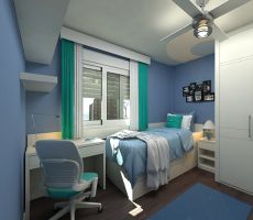 Modern kid’s room with blue walls, white furniture, brown floors and white and teal curtains on a large white-framed window.